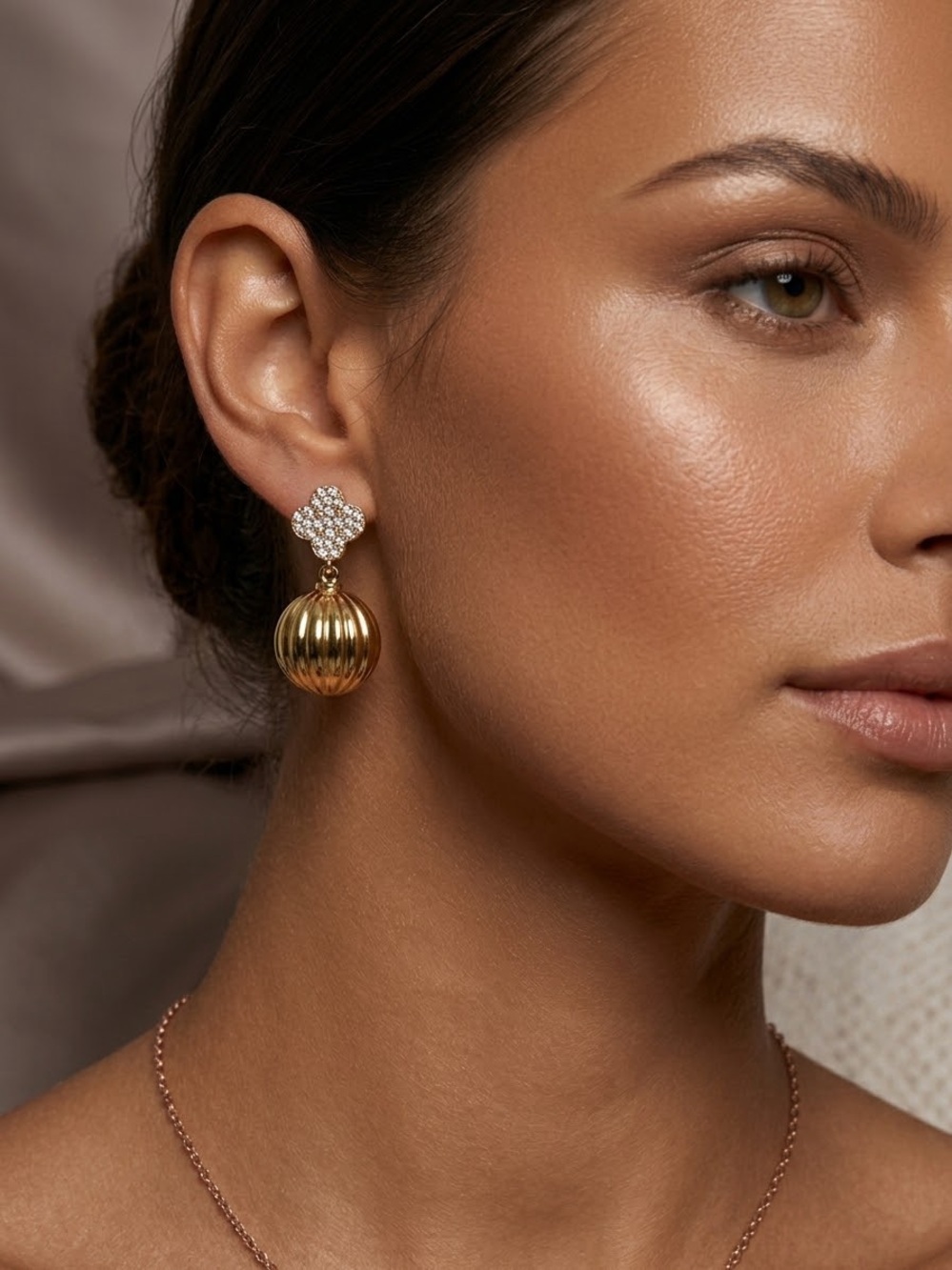 Alhambra Style Gold Ribbed Ball Drop Earrings with Clover Crystal Cluster Studs